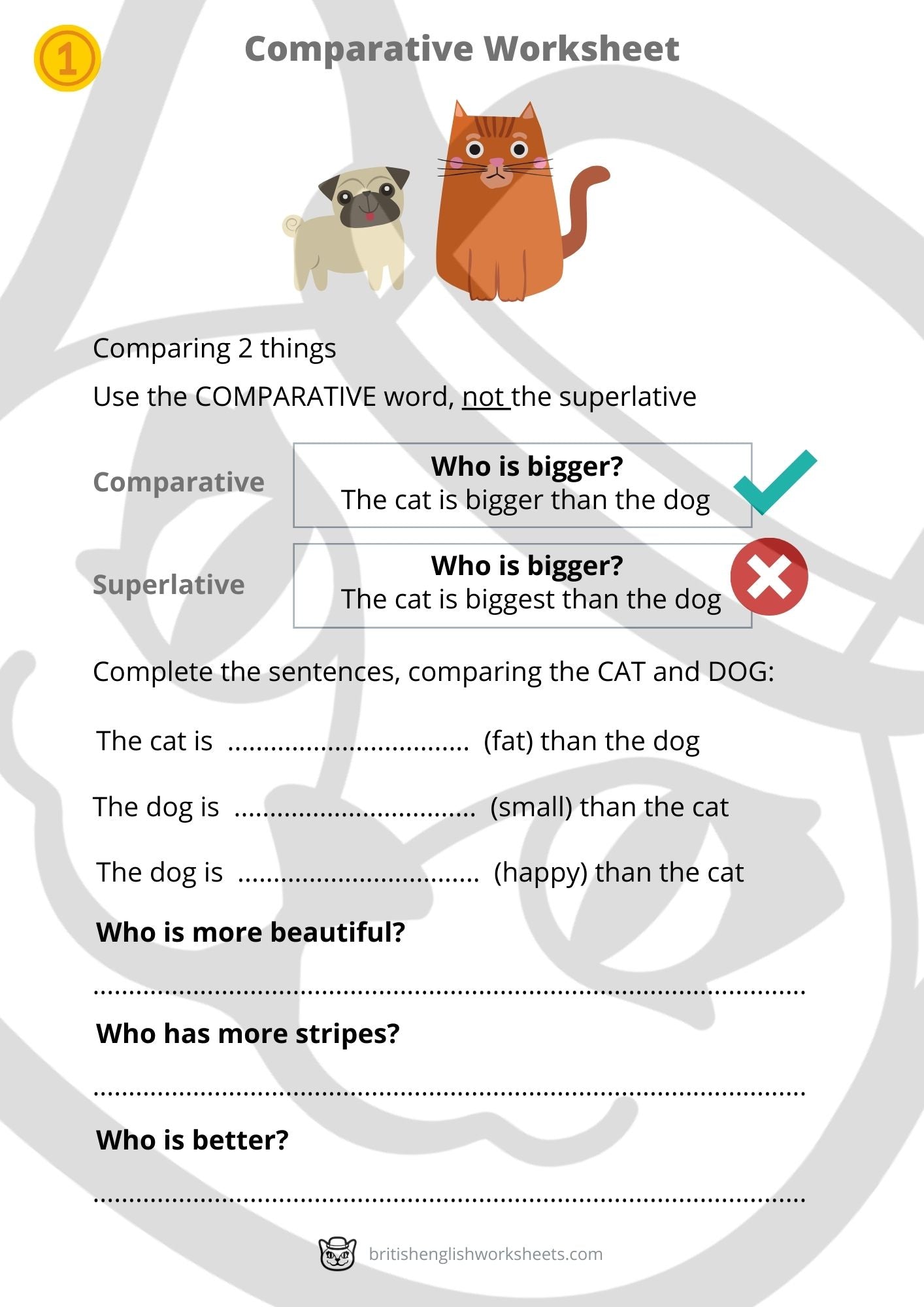 Comparative and superlative worksheet with a watermark