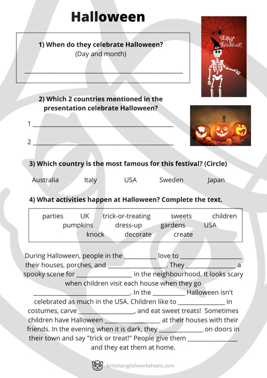 Halloween Quiz Worksheet (2 Pages)